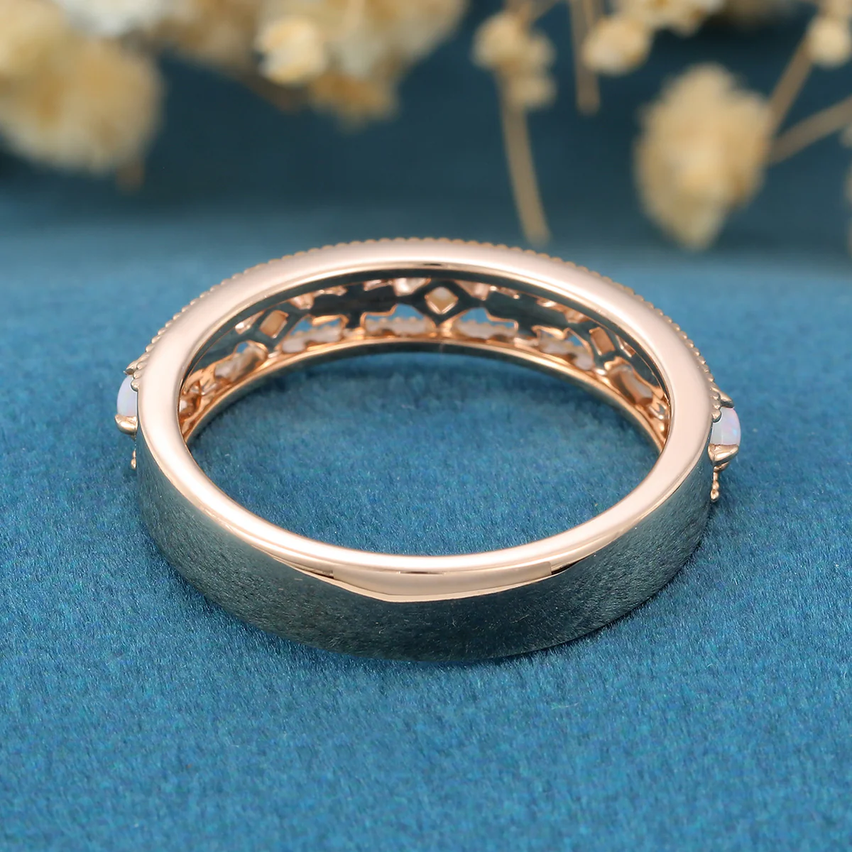 Retro Round Opal Half Eternity Wedding Band - Image 6