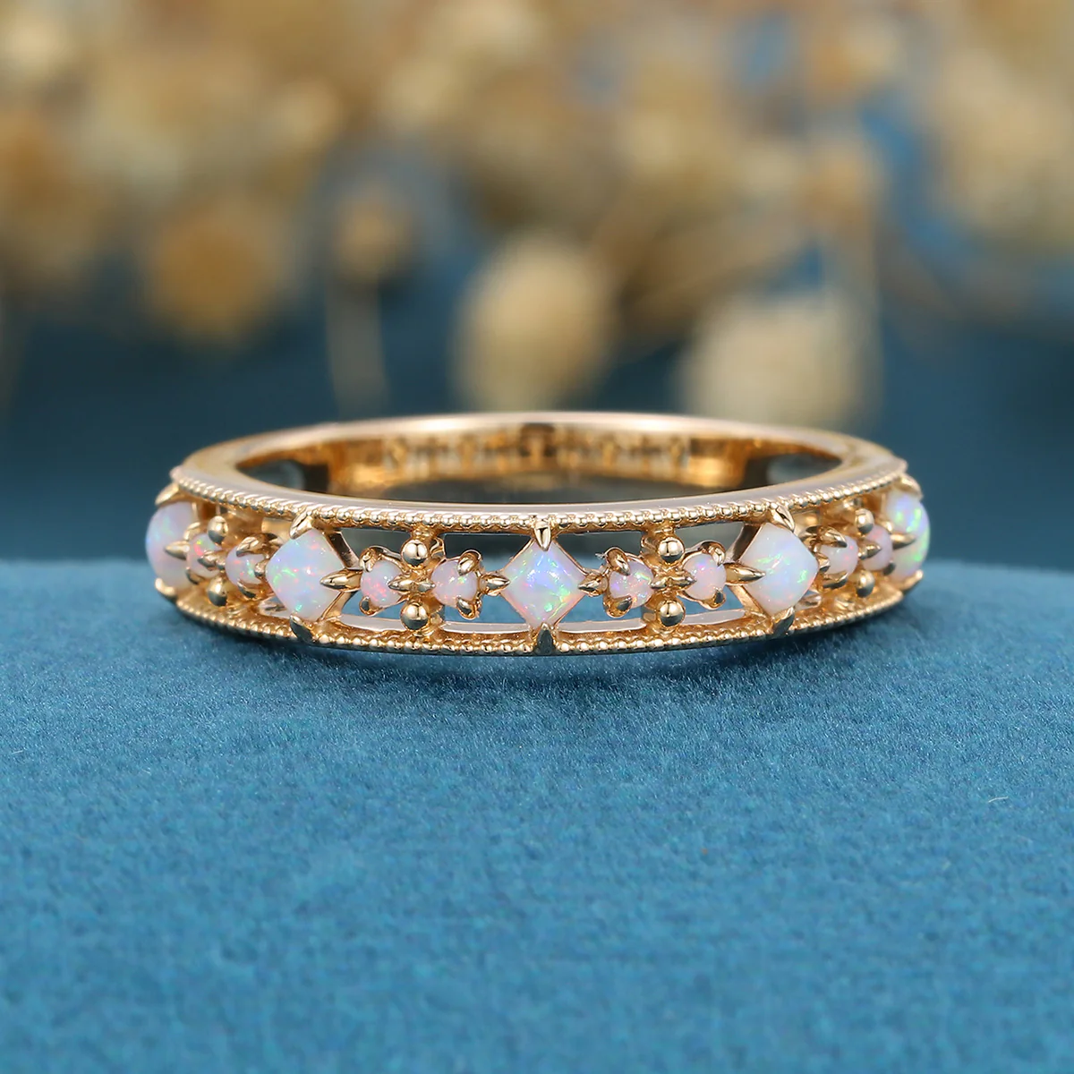 Retro Round Opal Half Eternity Wedding Band - Image 7