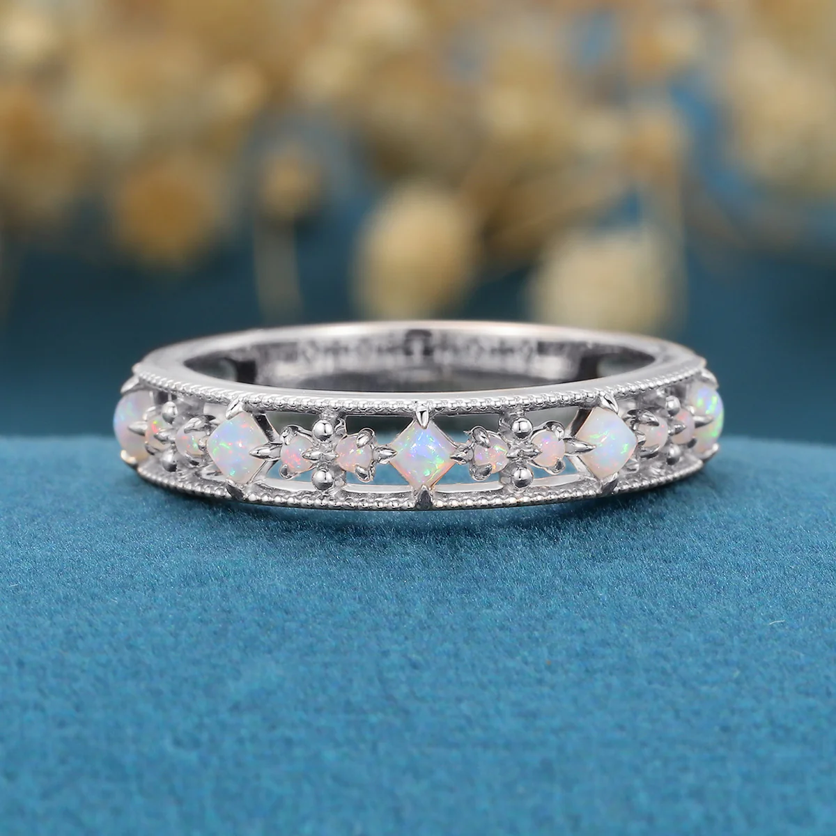 Retro Round Opal Half Eternity Wedding Band - Image 8