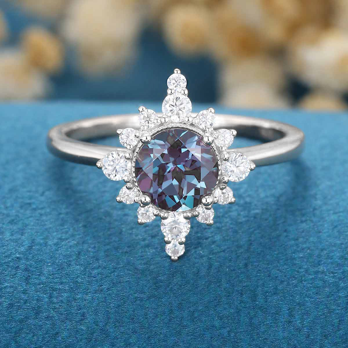 Round cut Alexandrite Halo Diamond Engagement ring - Image 6