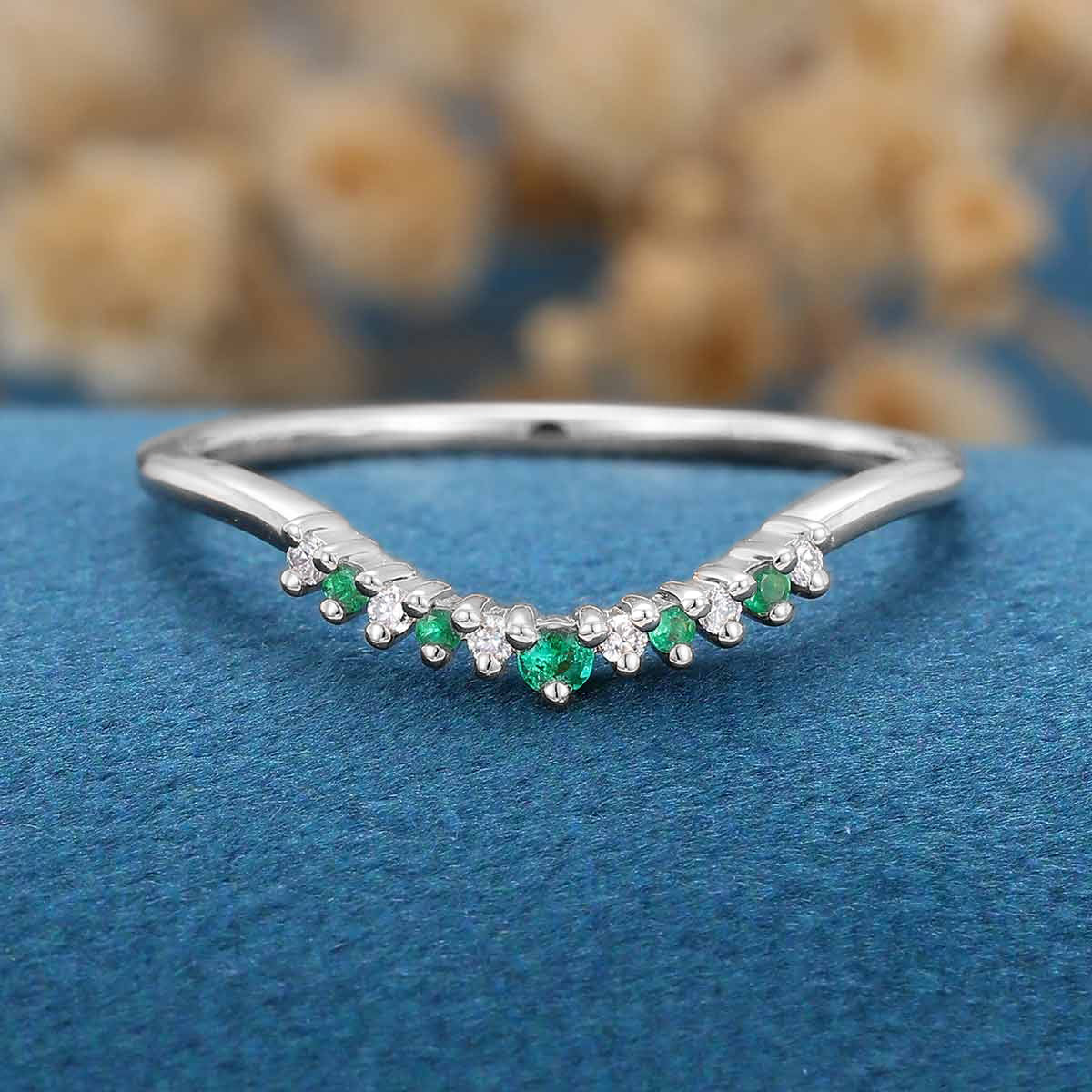Diamond/Emerald Curved Wedding Band Ring - Image 8