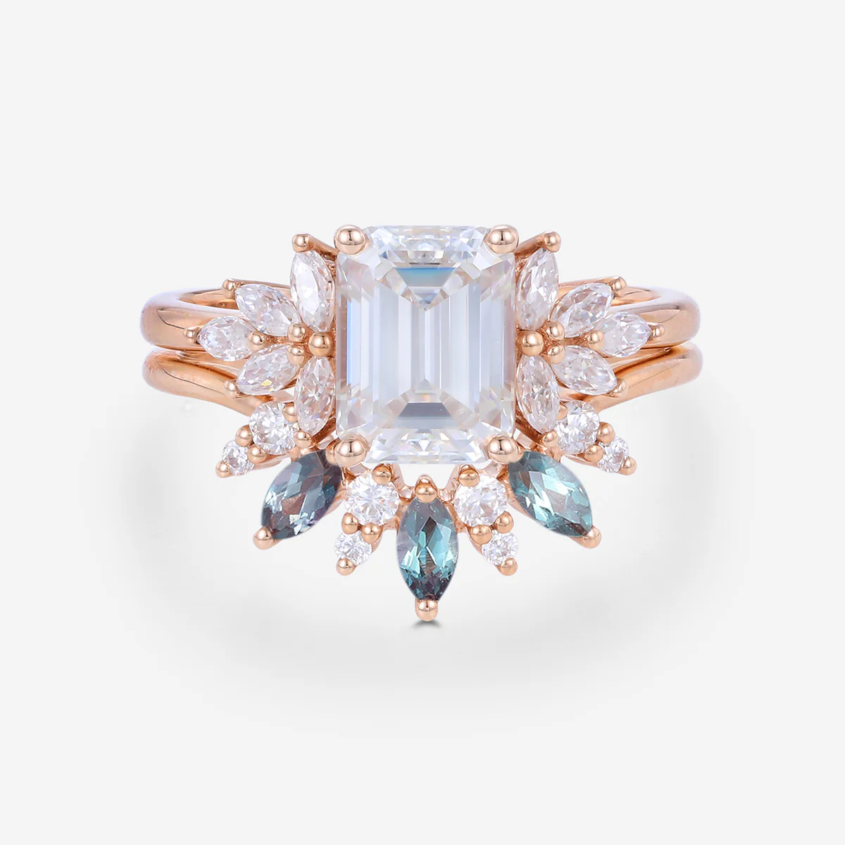 Emerald cut Moissanite Engagement Ring Alexandrite Bridal Set