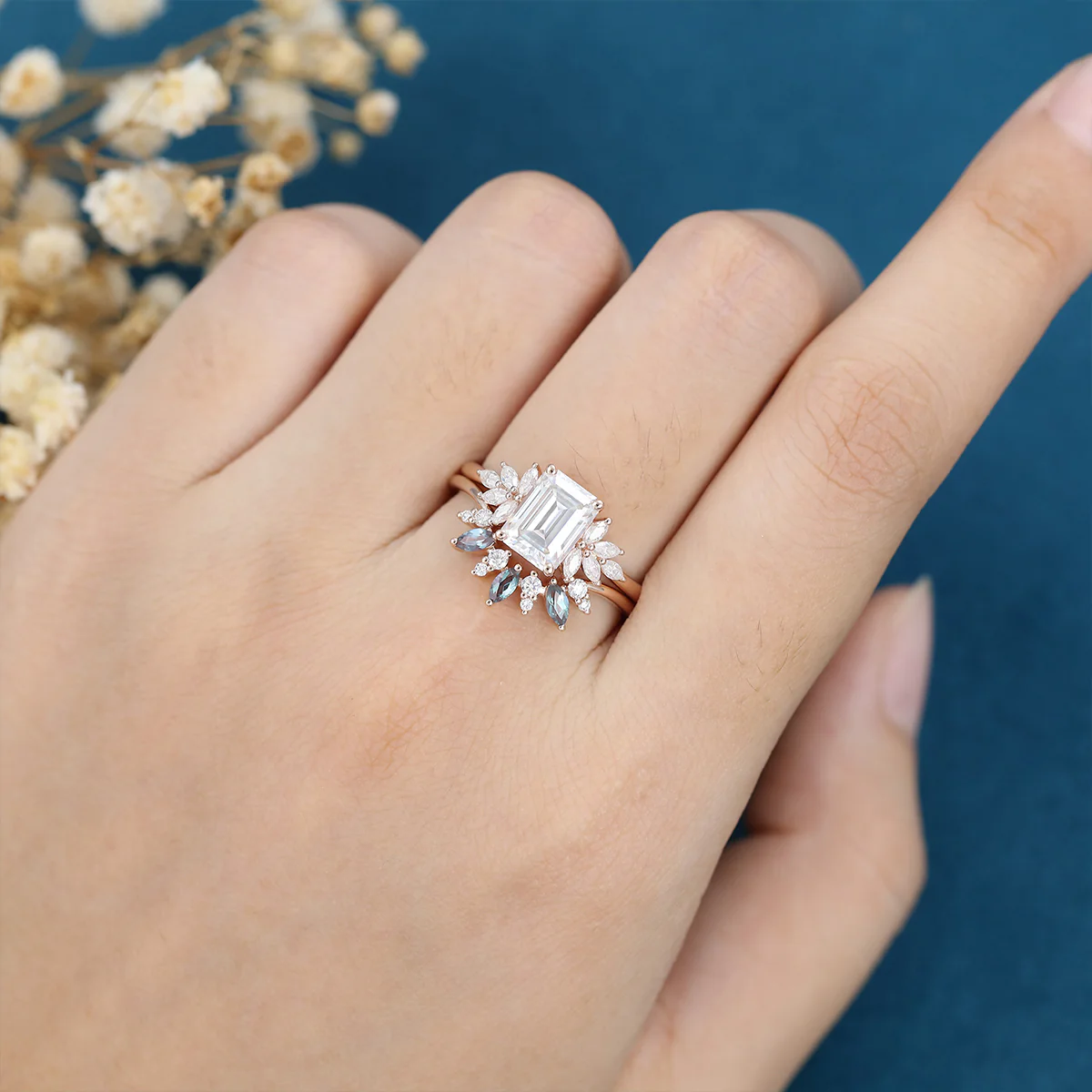 Emerald cut Moissanite Engagement Ring Alexandrite Bridal Set - Image 2