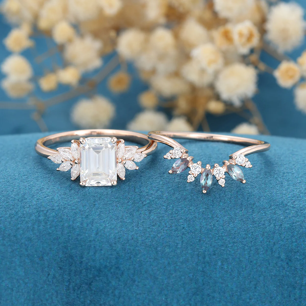 Emerald cut Moissanite Engagement Ring Alexandrite Bridal Set - Image 3