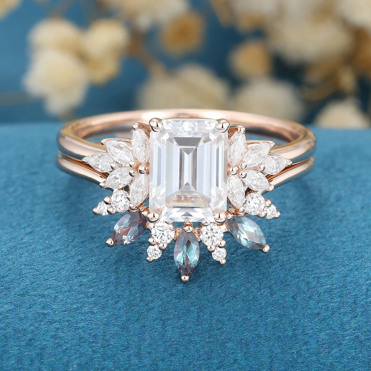 Emerald cut Moissanite Engagement Ring Alexandrite Bridal Set - Image 4