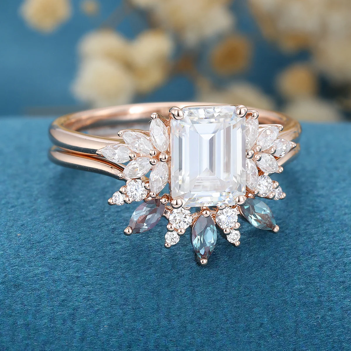 Emerald cut Moissanite Engagement Ring Alexandrite Bridal Set - Image 5