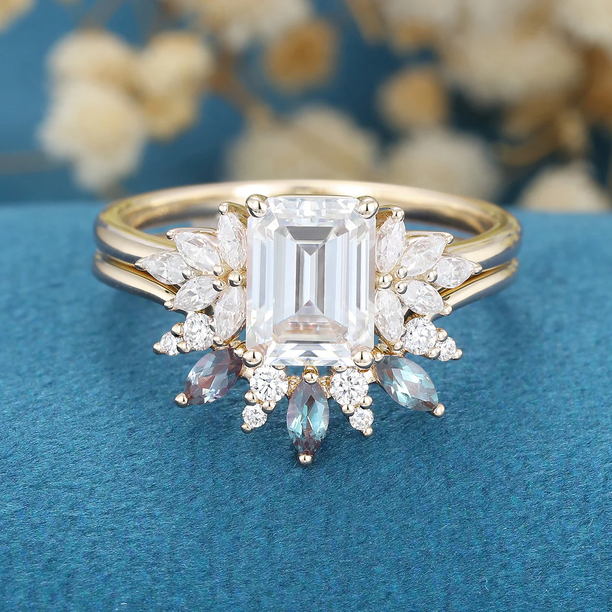 Emerald cut Moissanite Engagement Ring Alexandrite Bridal Set - Image 6