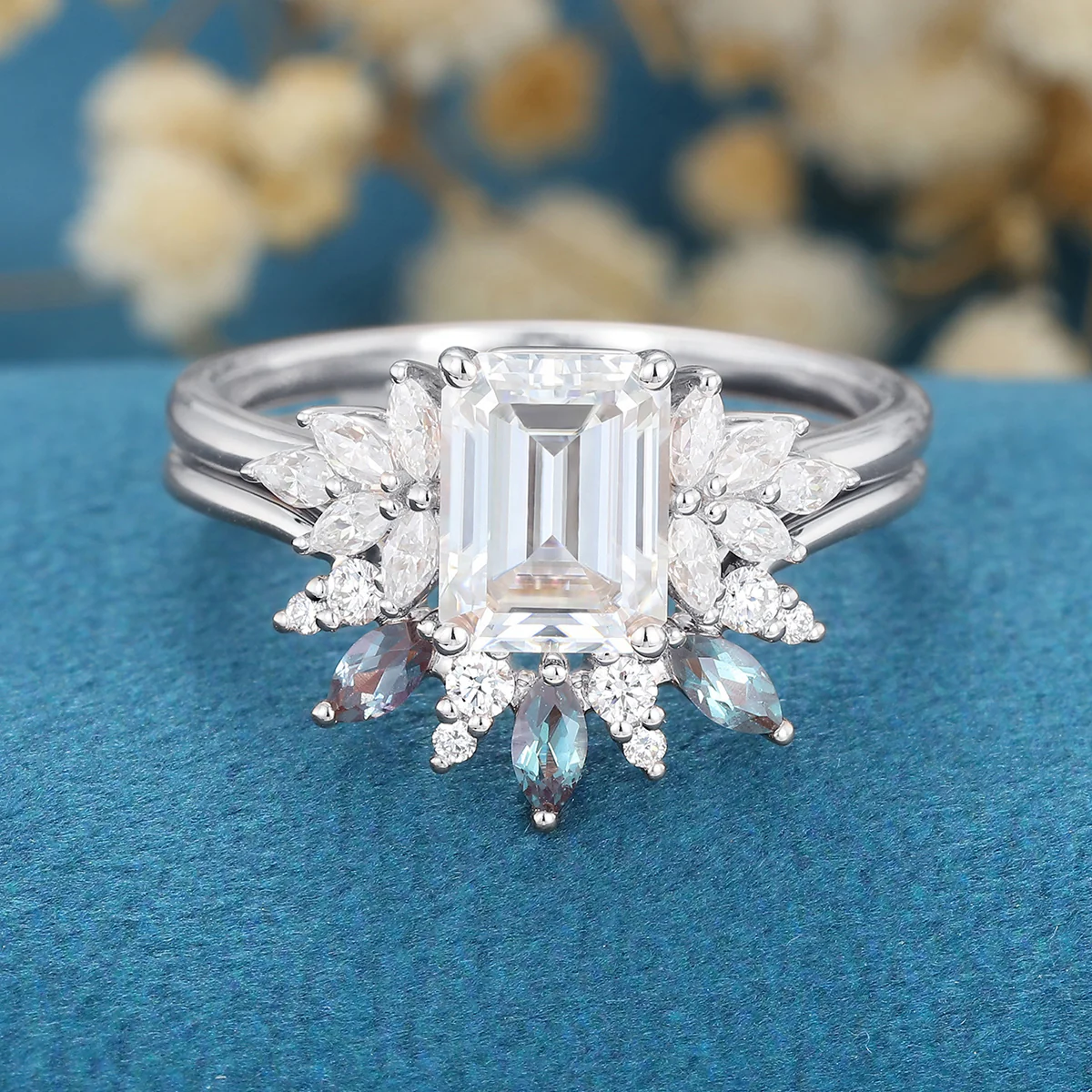 Emerald cut Moissanite Engagement Ring Alexandrite Bridal Set - Image 7