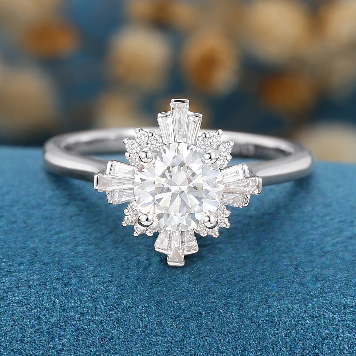 Round cut Moissanite Halo Baguette Engagement Ring - Image 10