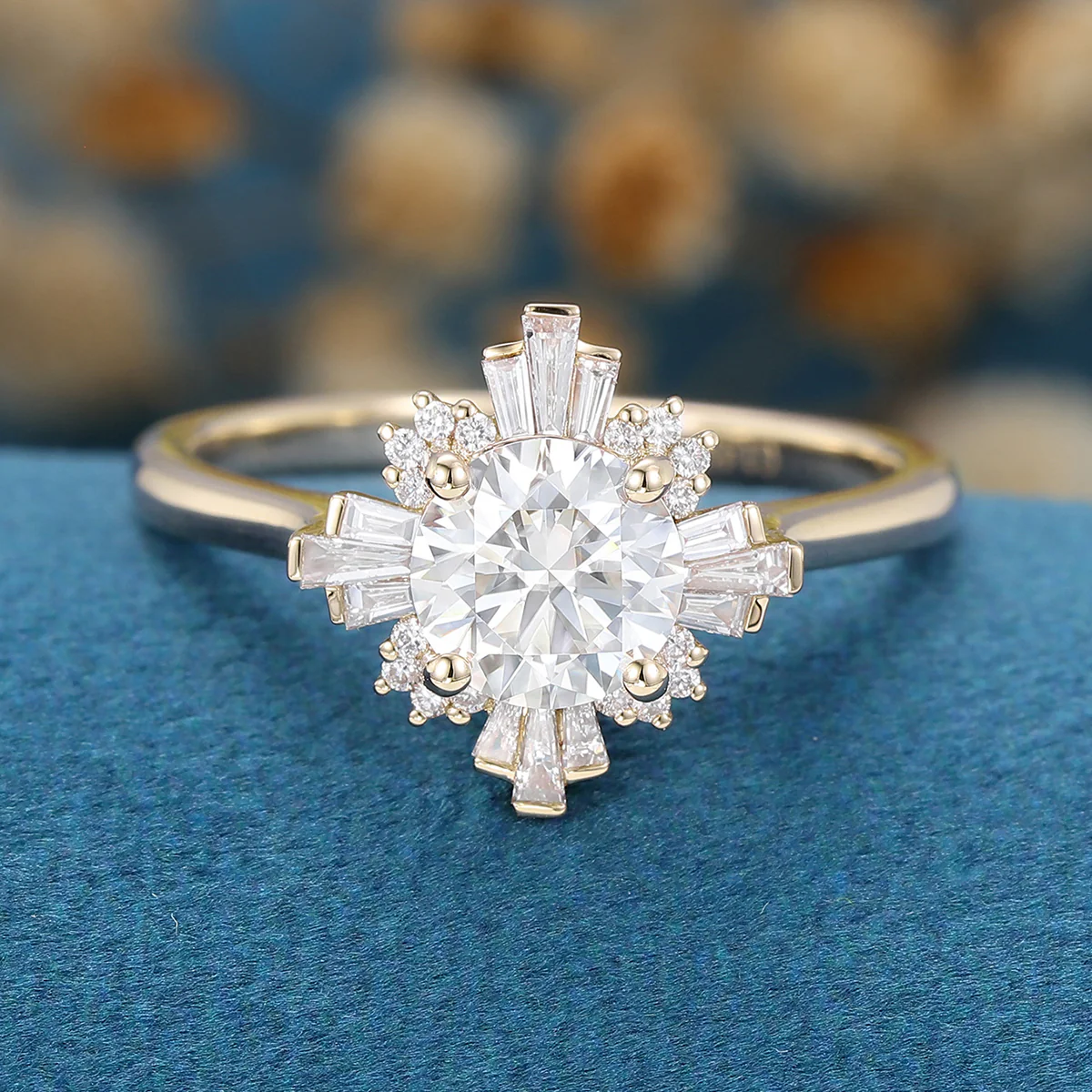 Round cut Moissanite Halo Baguette Engagement Ring - Image 11