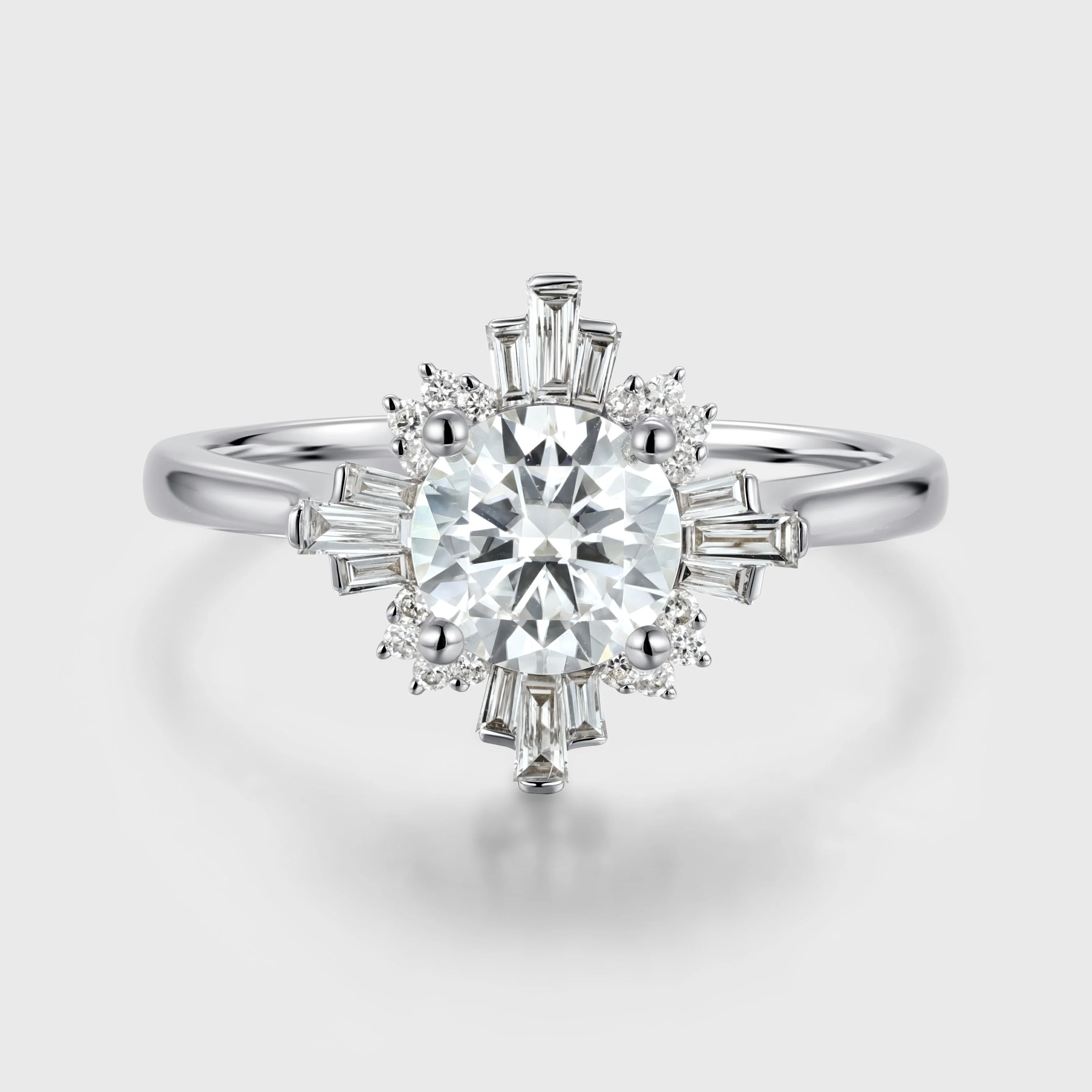 Round cut Moissanite Halo Baguette Engagement Ring - Image 4