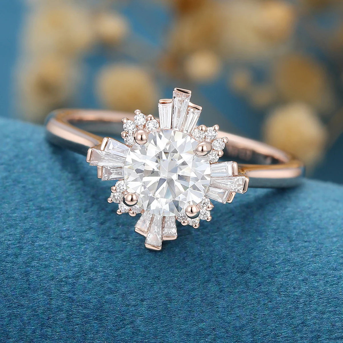 Round cut Moissanite Halo Baguette Engagement Ring - Image 7