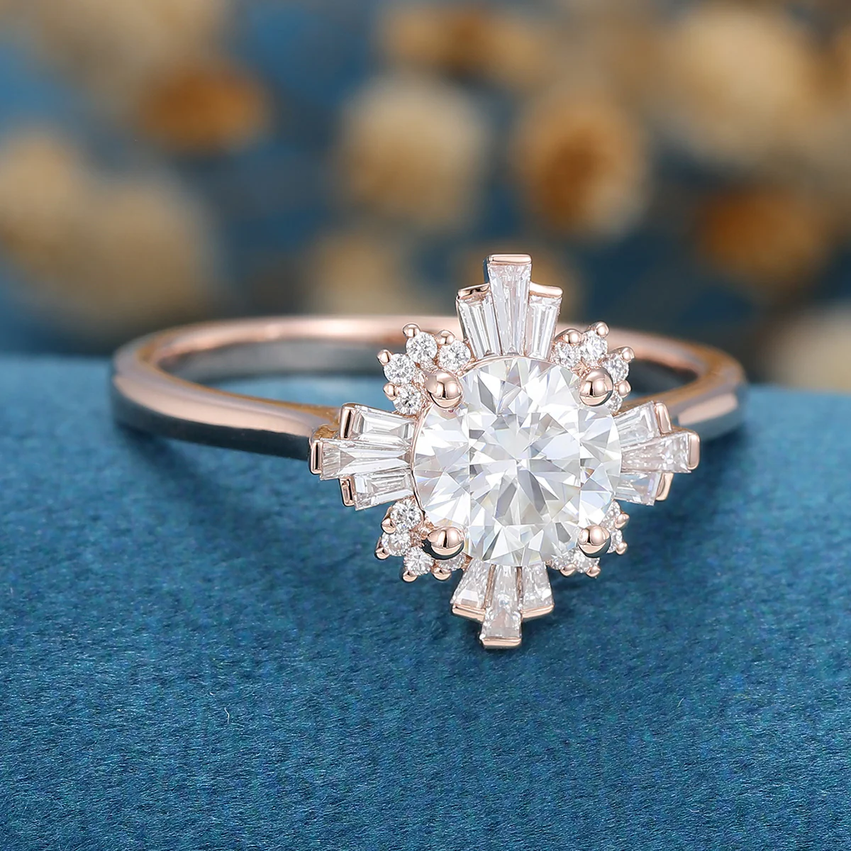 Round cut Moissanite Halo Baguette Engagement Ring - Image 8