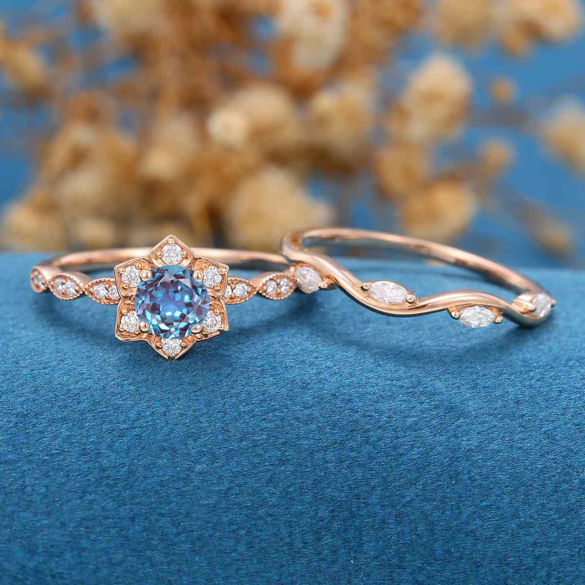 Round cut Lab Alexandrite | Diamond ring set - Image 3