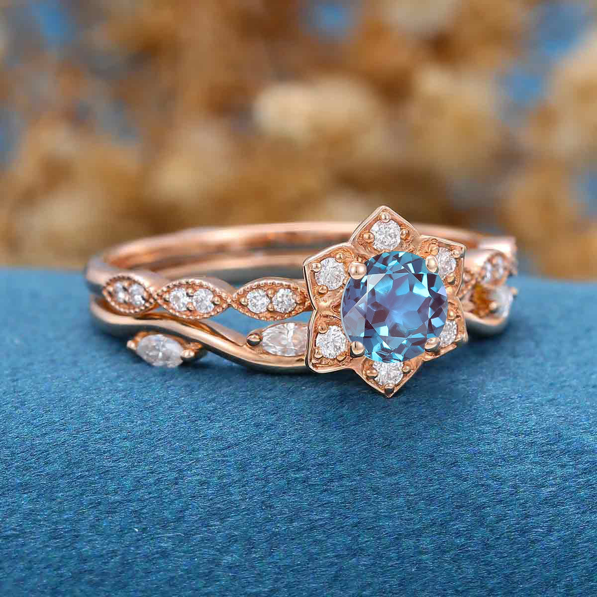 Round cut Lab Alexandrite | Diamond ring set - Image 4