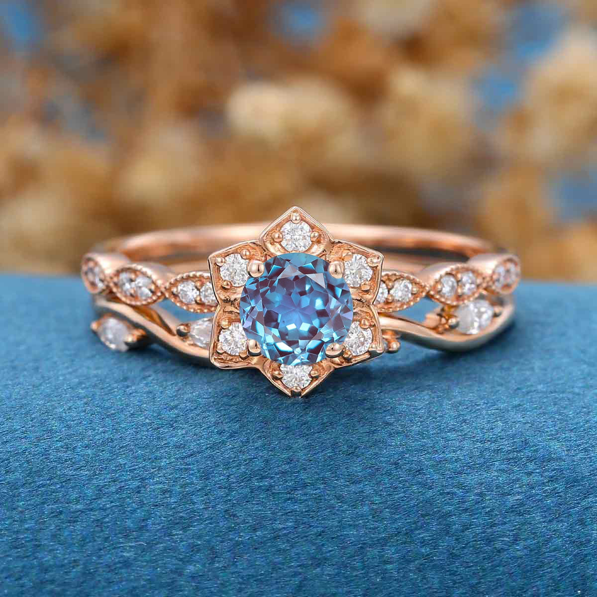 Round cut Lab Alexandrite | Diamond ring set - Image 5