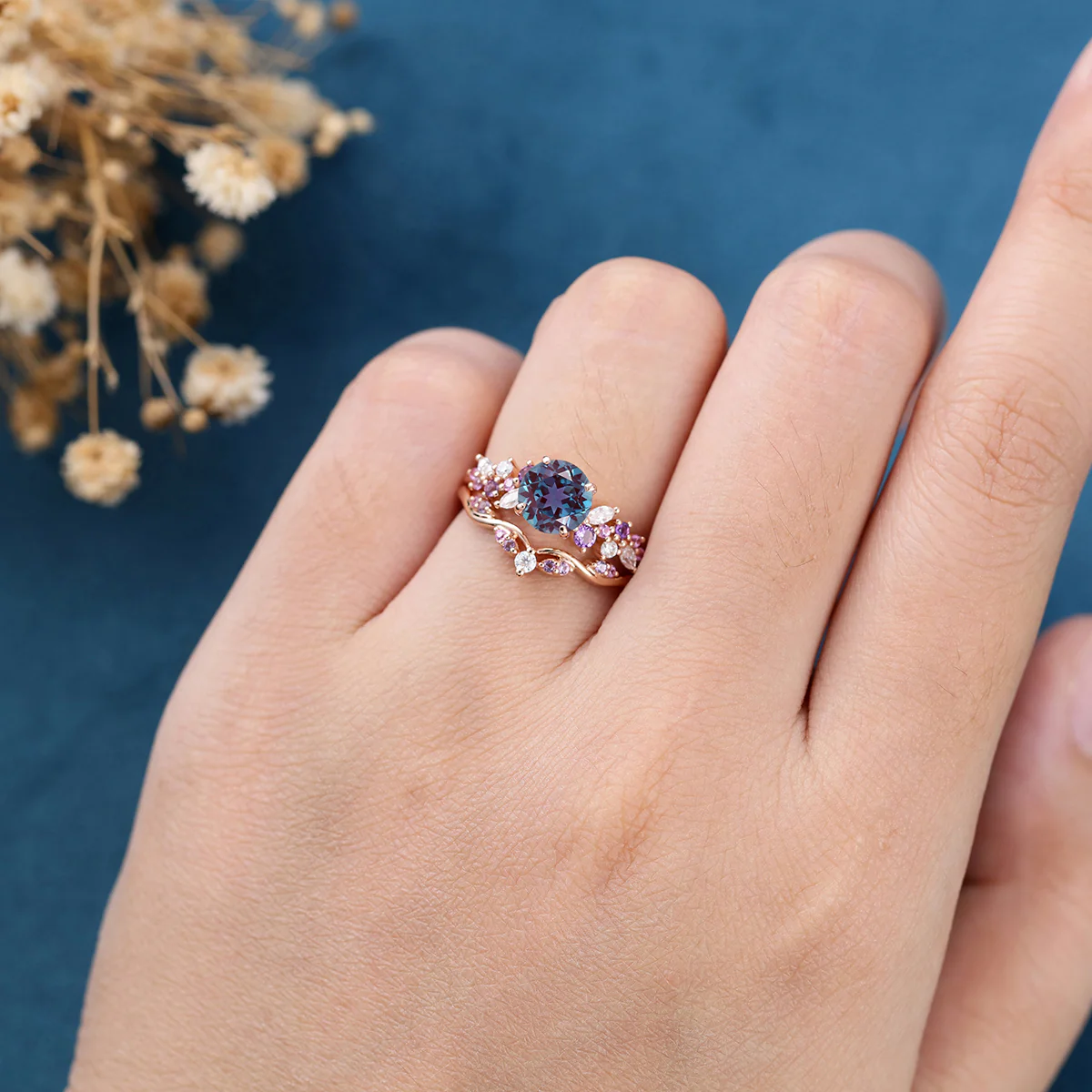 Round cut Alexandrite ring set - Image 2