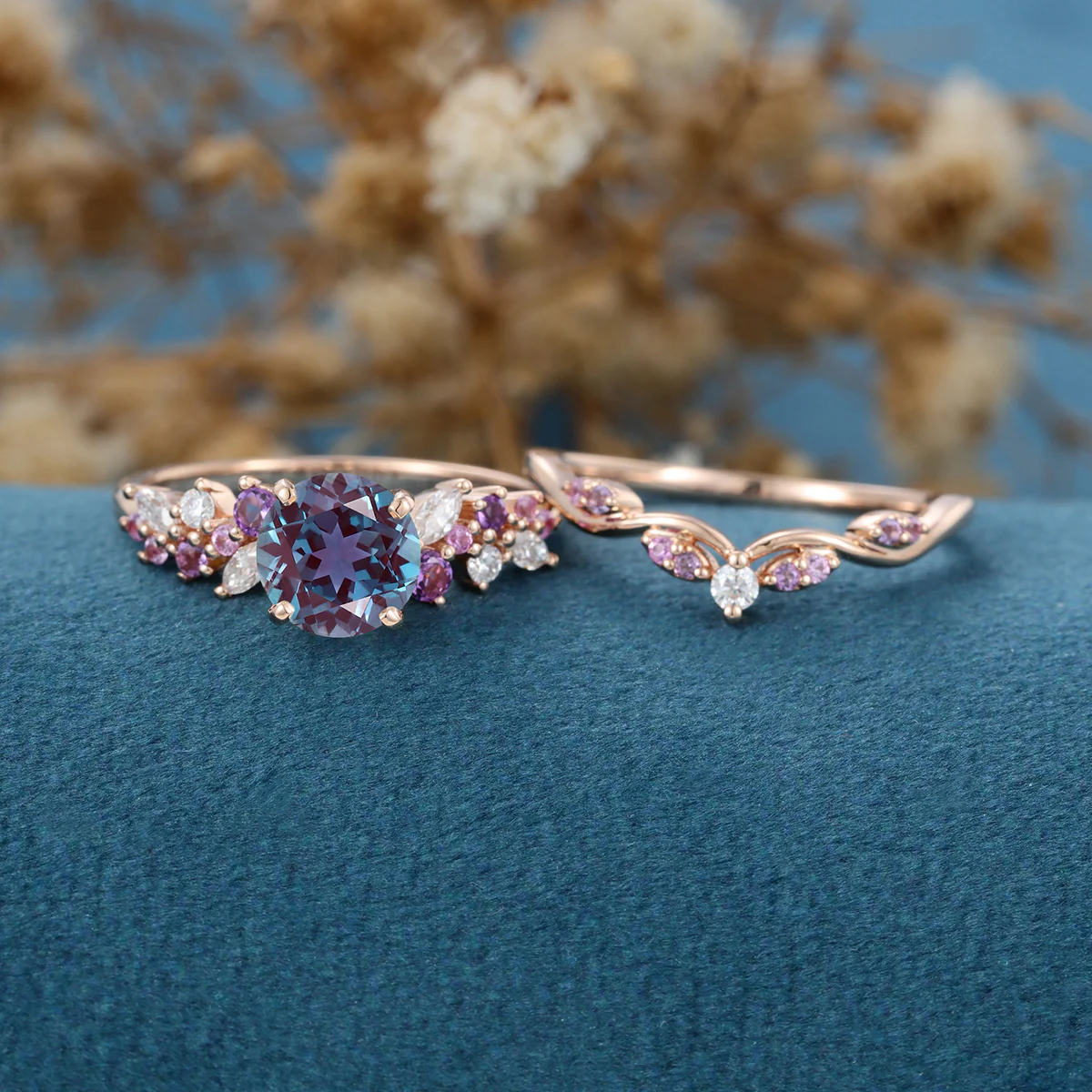 Round cut Alexandrite ring set - Image 3