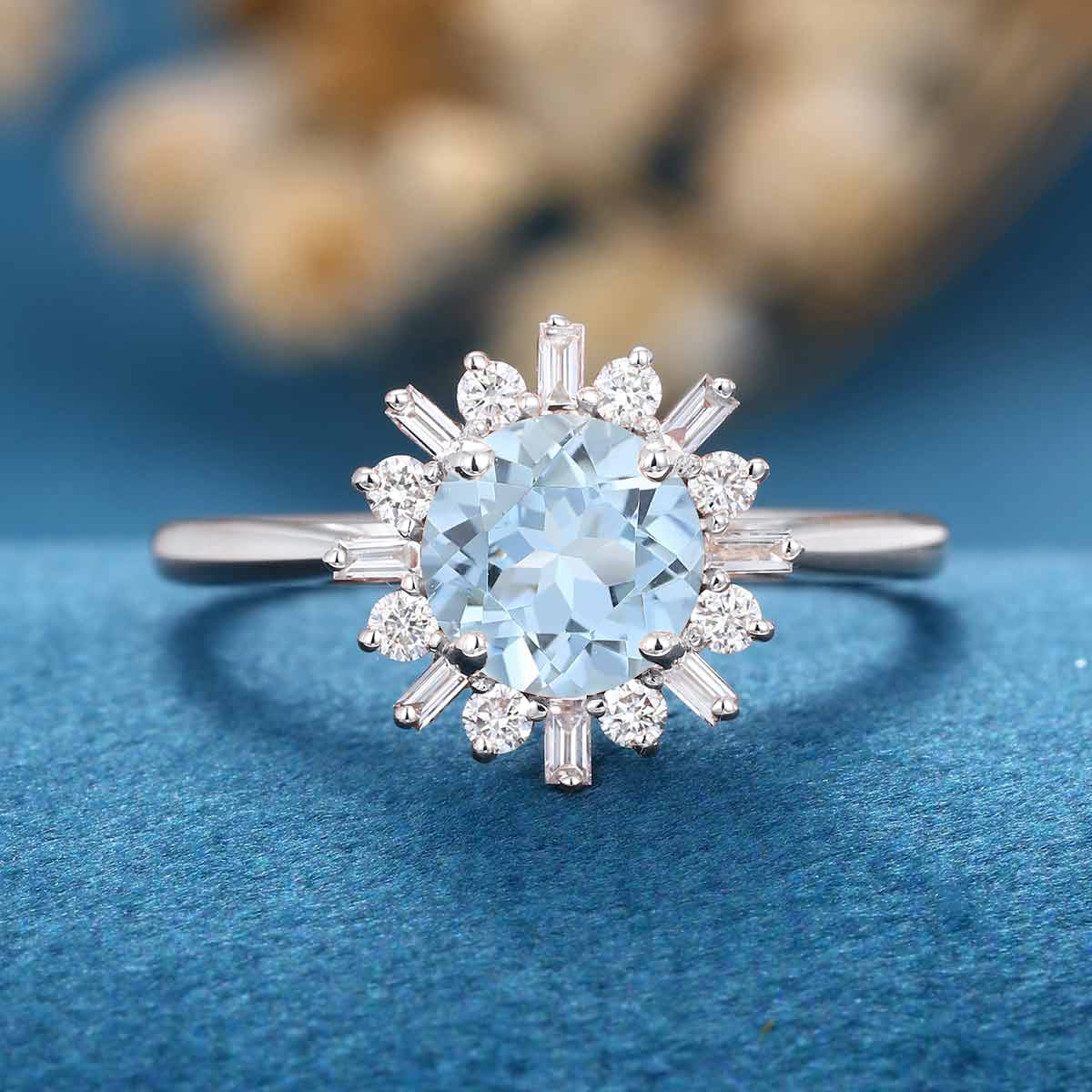 Round cut Aquamarine Halo Engagement Ring - Image 11