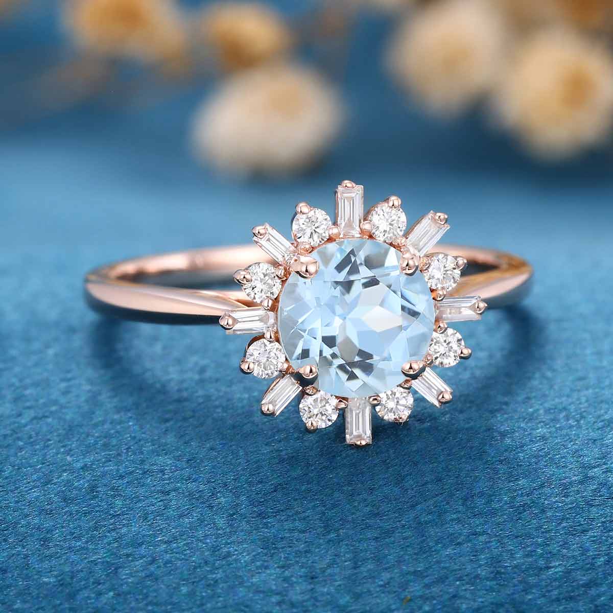 Round cut Aquamarine Halo Engagement Ring - Image 7