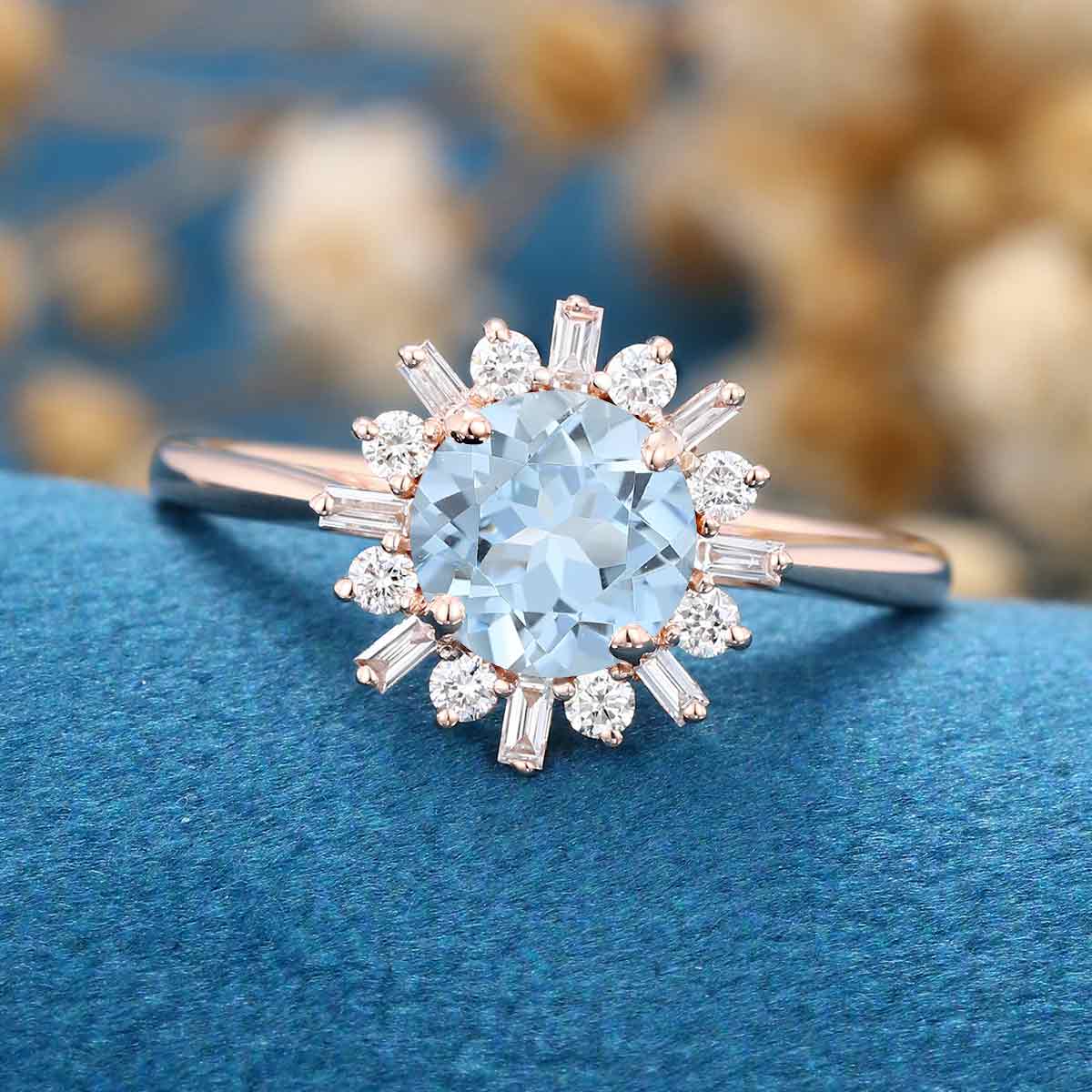 Round cut Aquamarine Halo Engagement Ring - Image 8