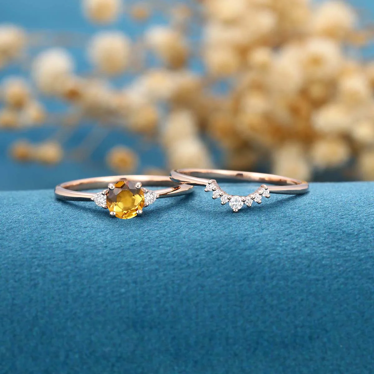 Round cut Citrine Cluster Engagement ring Bridal Set - Image 3