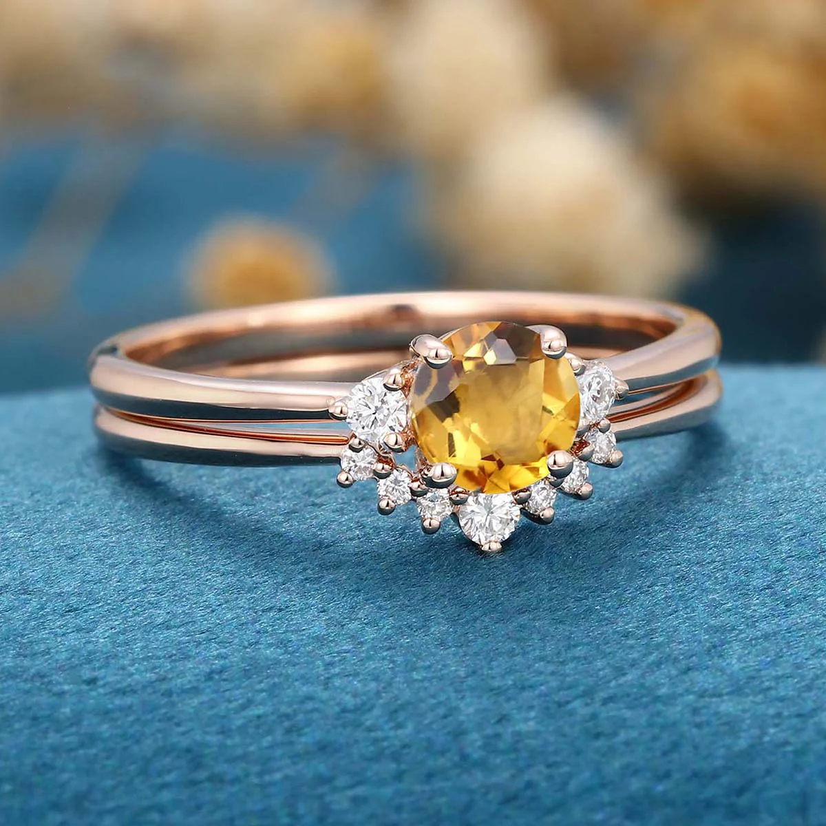 Round cut Citrine Cluster Engagement ring Bridal Set - Image 5