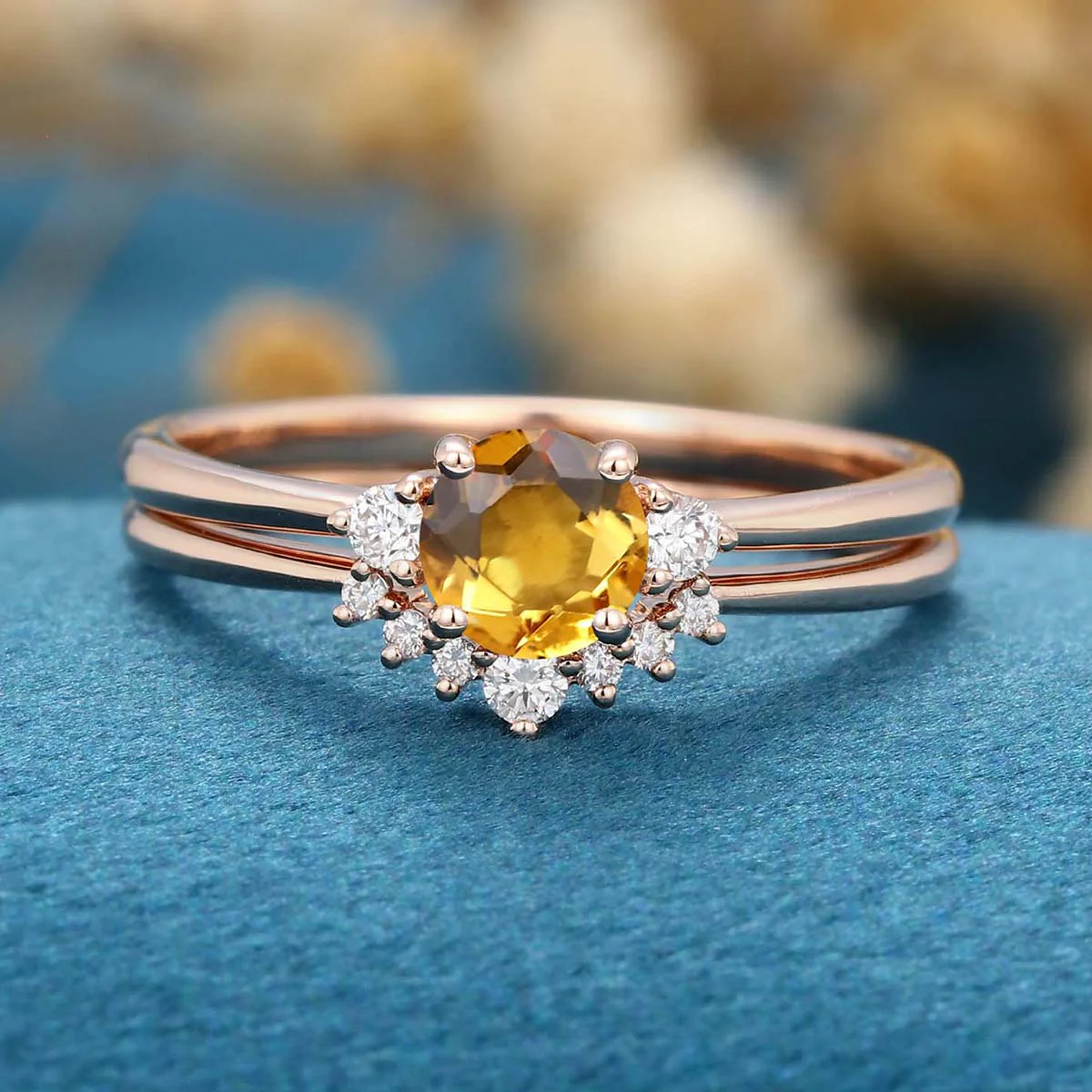 Round cut Citrine Cluster Engagement ring Bridal Set - Image 6