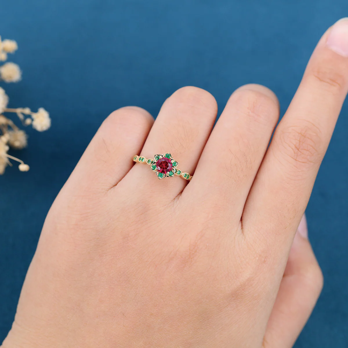 Round Cut Lab Ruby Flower Engagement Ring - Image 2
