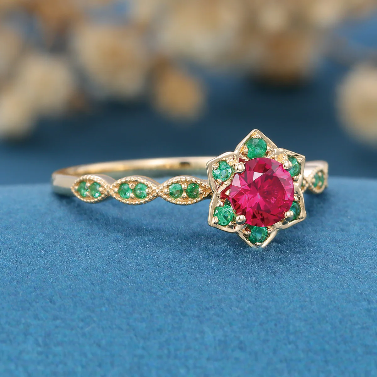 Round Cut Lab Ruby Flower Engagement Ring - Image 4
