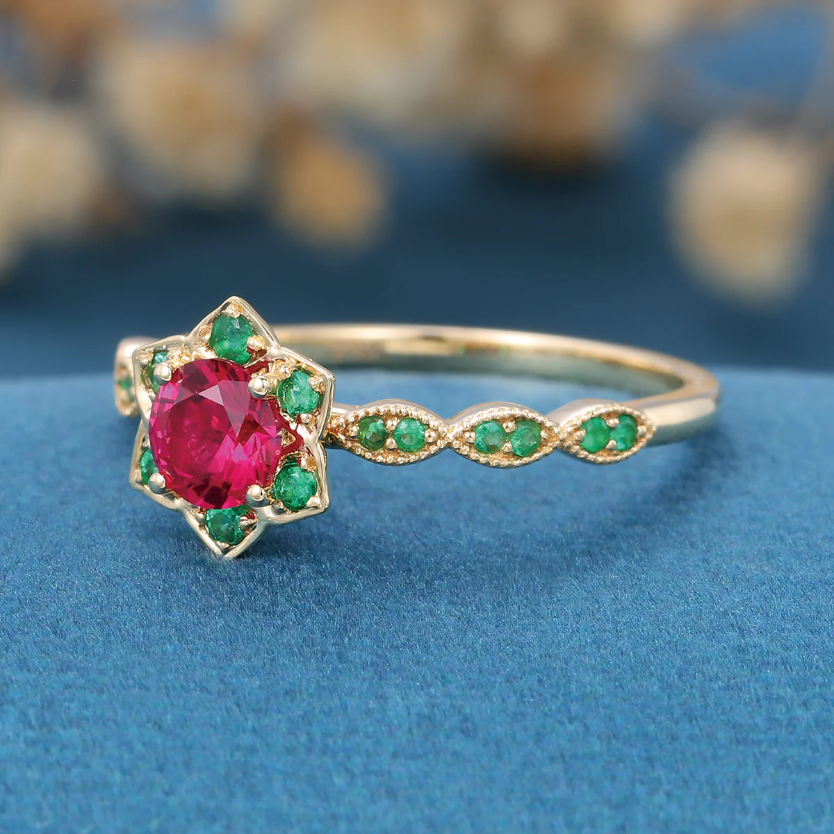 Round Cut Lab Ruby Flower Engagement Ring - Image 5