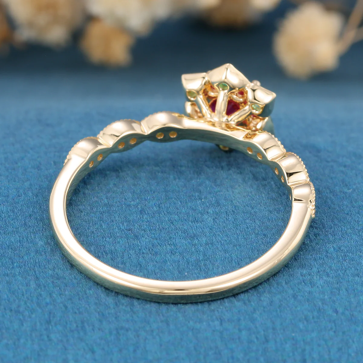 Round Cut Lab Ruby Flower Engagement Ring - Image 6