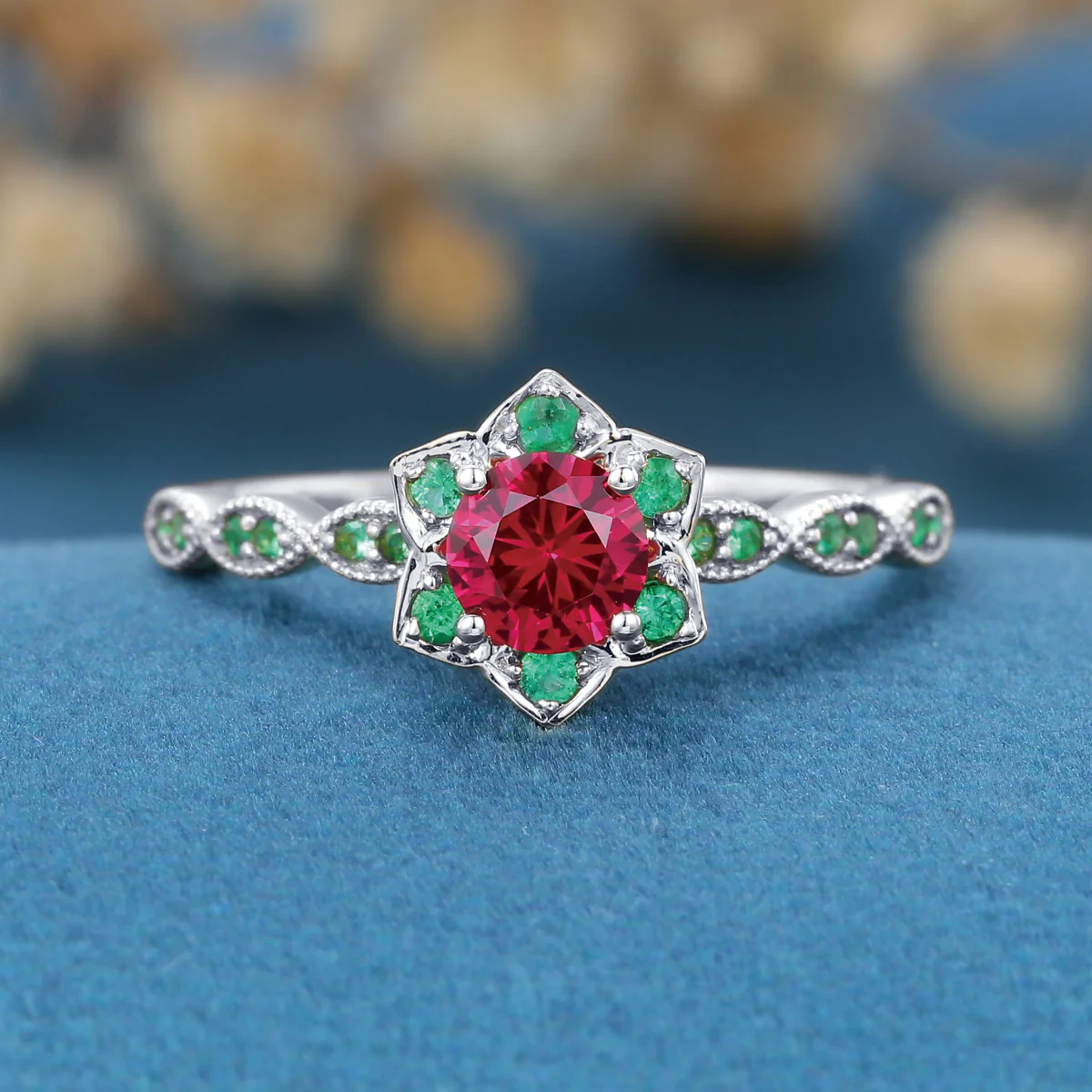 Round Cut Lab Ruby Flower Engagement Ring - Image 7
