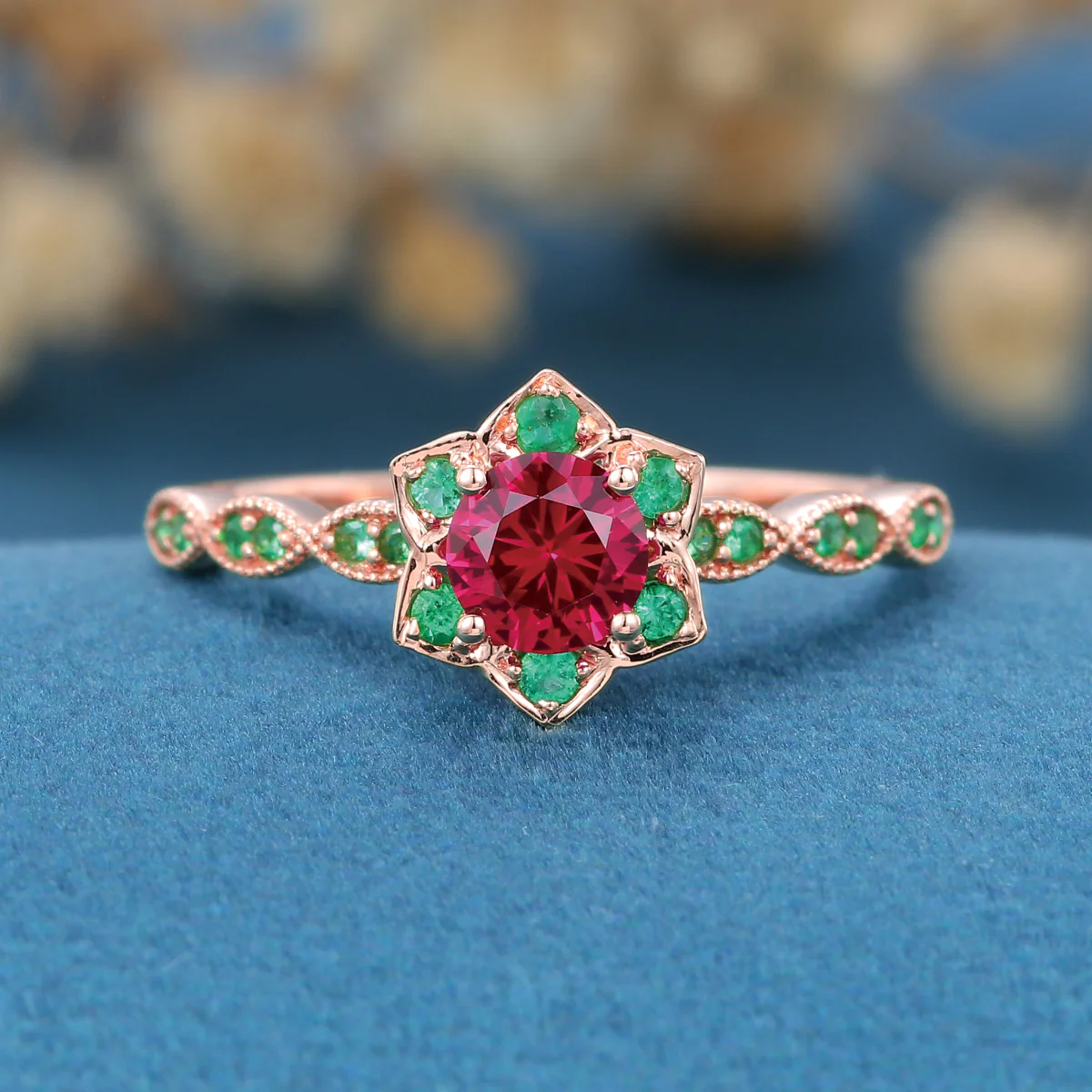 Round Cut Lab Ruby Flower Engagement Ring - Image 8