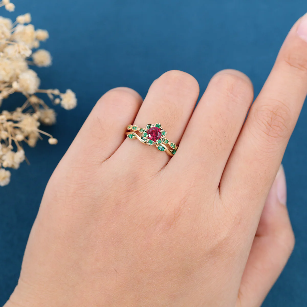 Round Cut Lab Ruby Flower Wedding Bridal Set - Image 2
