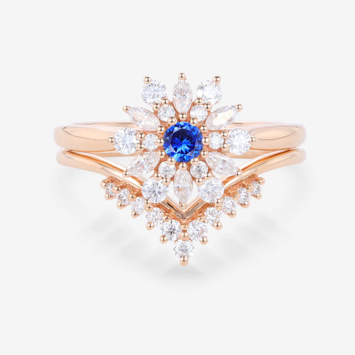 Round Cut Lab Sapphire Halo Engagement ring Bridal Set