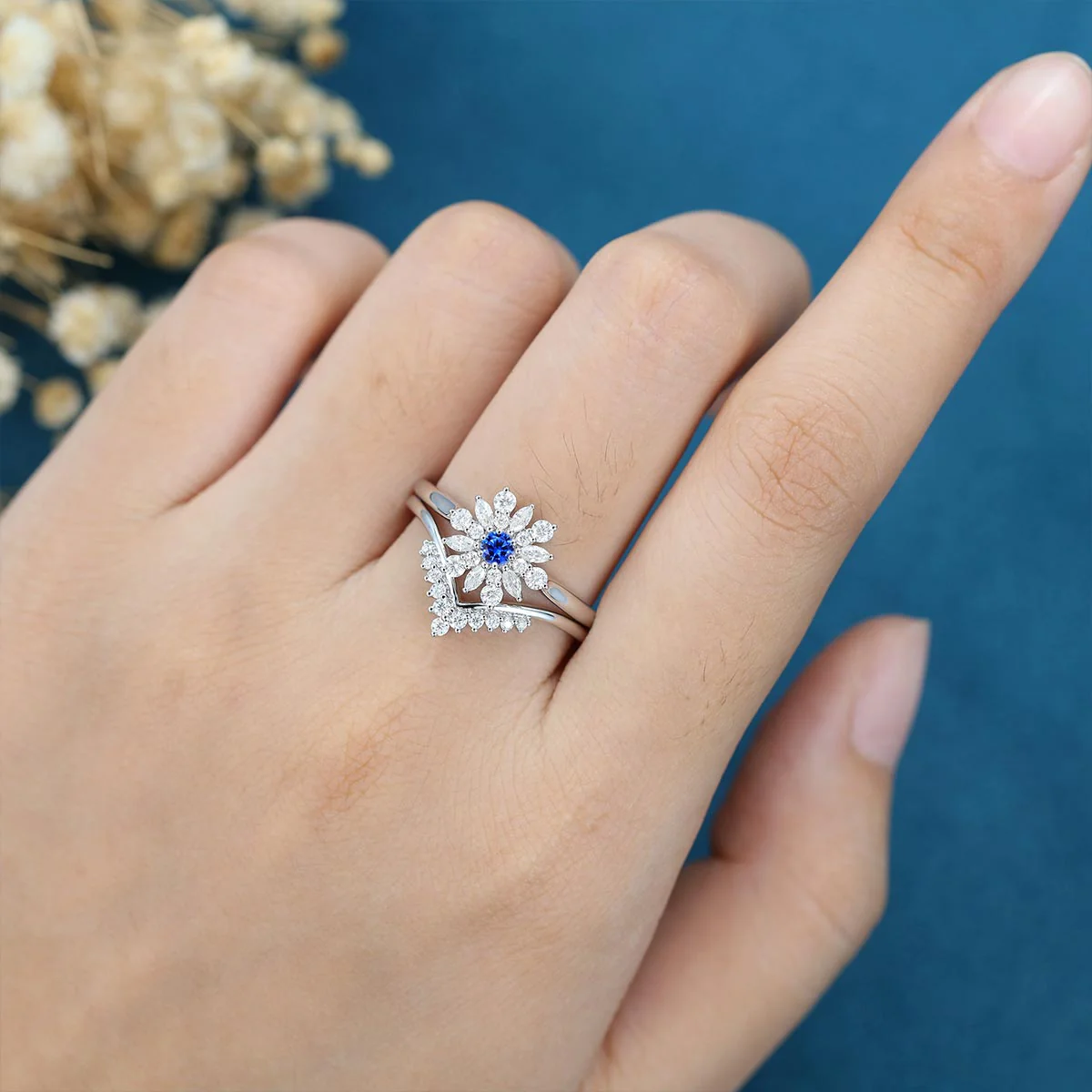 Round Cut Lab Sapphire Halo Engagement ring Bridal Set - Image 2