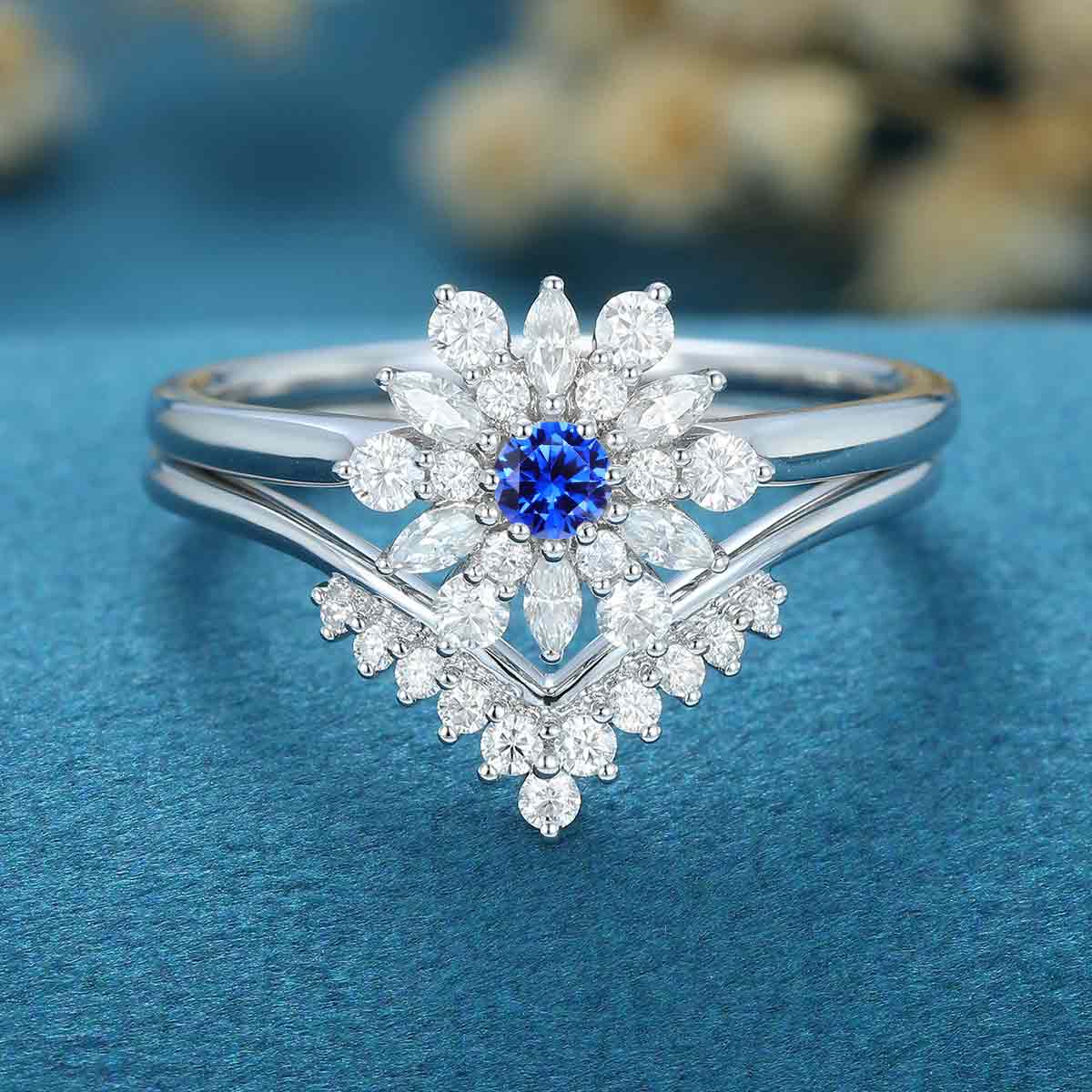 Round Cut Lab Sapphire Halo Engagement ring Bridal Set - Image 3