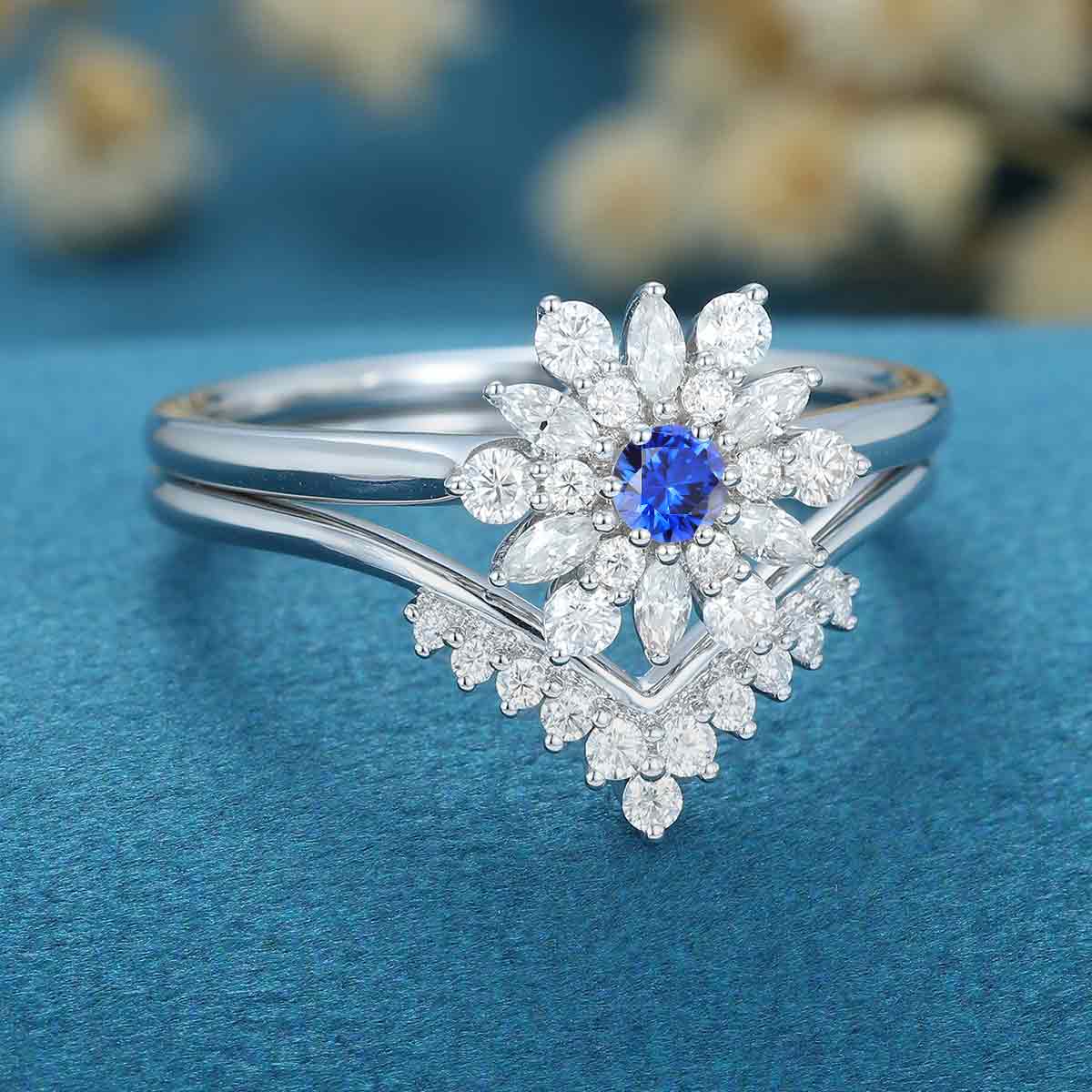 Round Cut Lab Sapphire Halo Engagement ring Bridal Set - Image 4