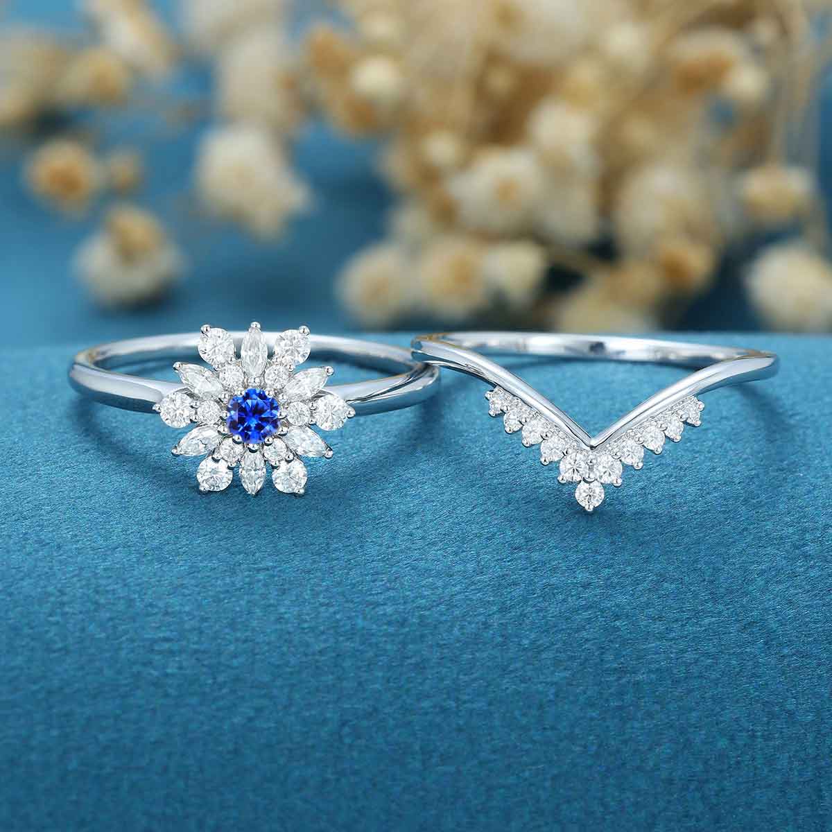 Round Cut Lab Sapphire Halo Engagement ring Bridal Set - Image 5
