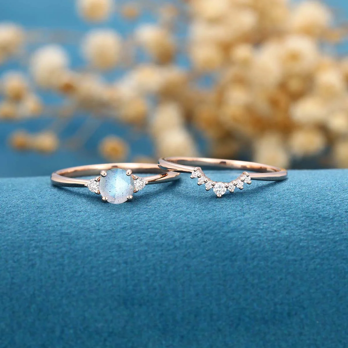 Round cut Labradorite Cluster Engagement ring Bridal Set - Image 3