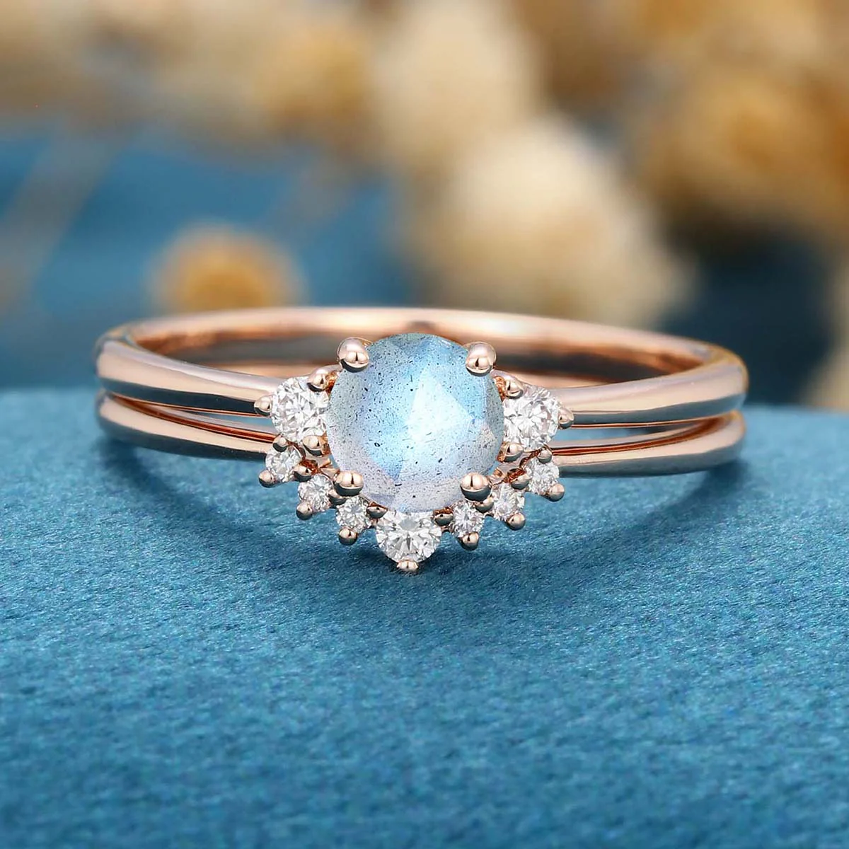 Round cut Labradorite Cluster Engagement ring Bridal Set - Image 4
