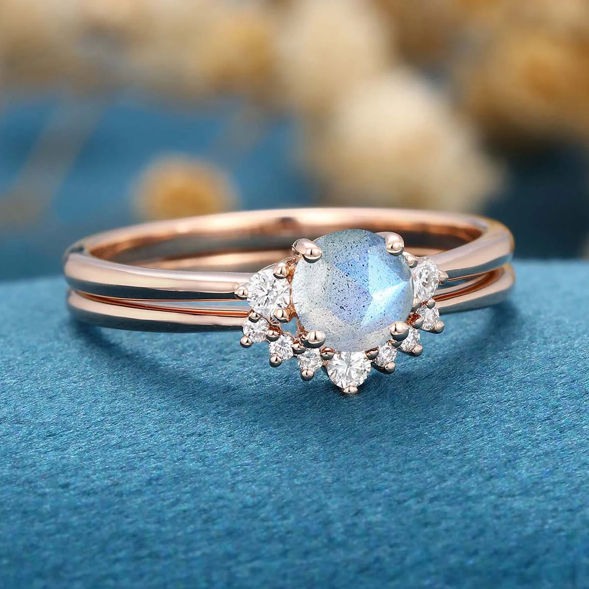 Round cut Labradorite Cluster Engagement ring Bridal Set - Image 5