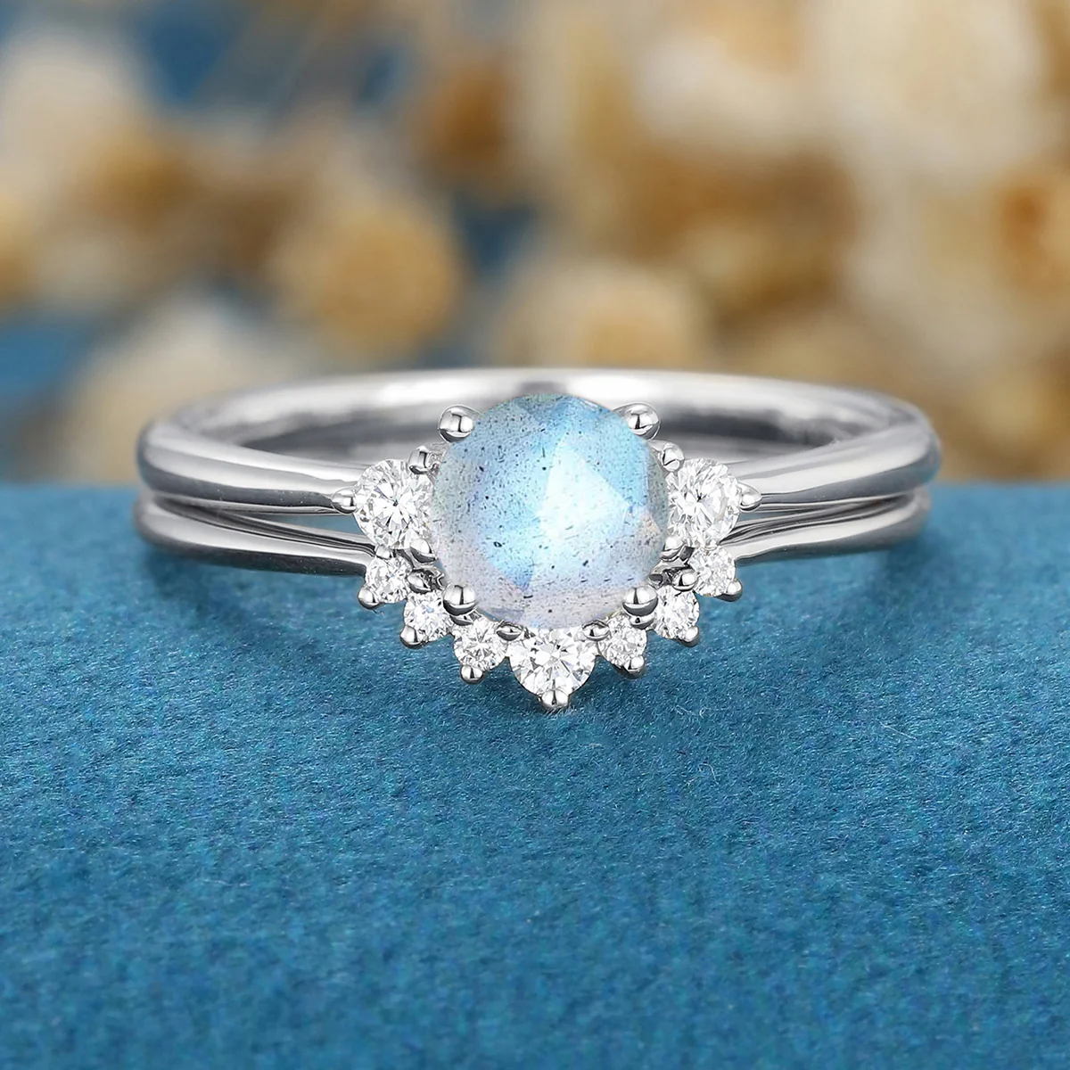 Round cut Labradorite Cluster Engagement ring Bridal Set - Image 7