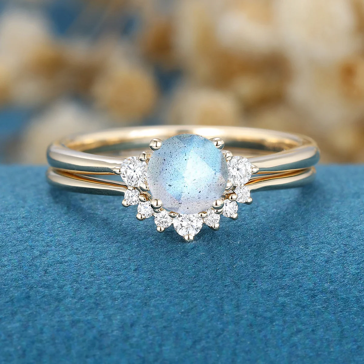 Round cut Labradorite Cluster Engagement ring Bridal Set - Image 8