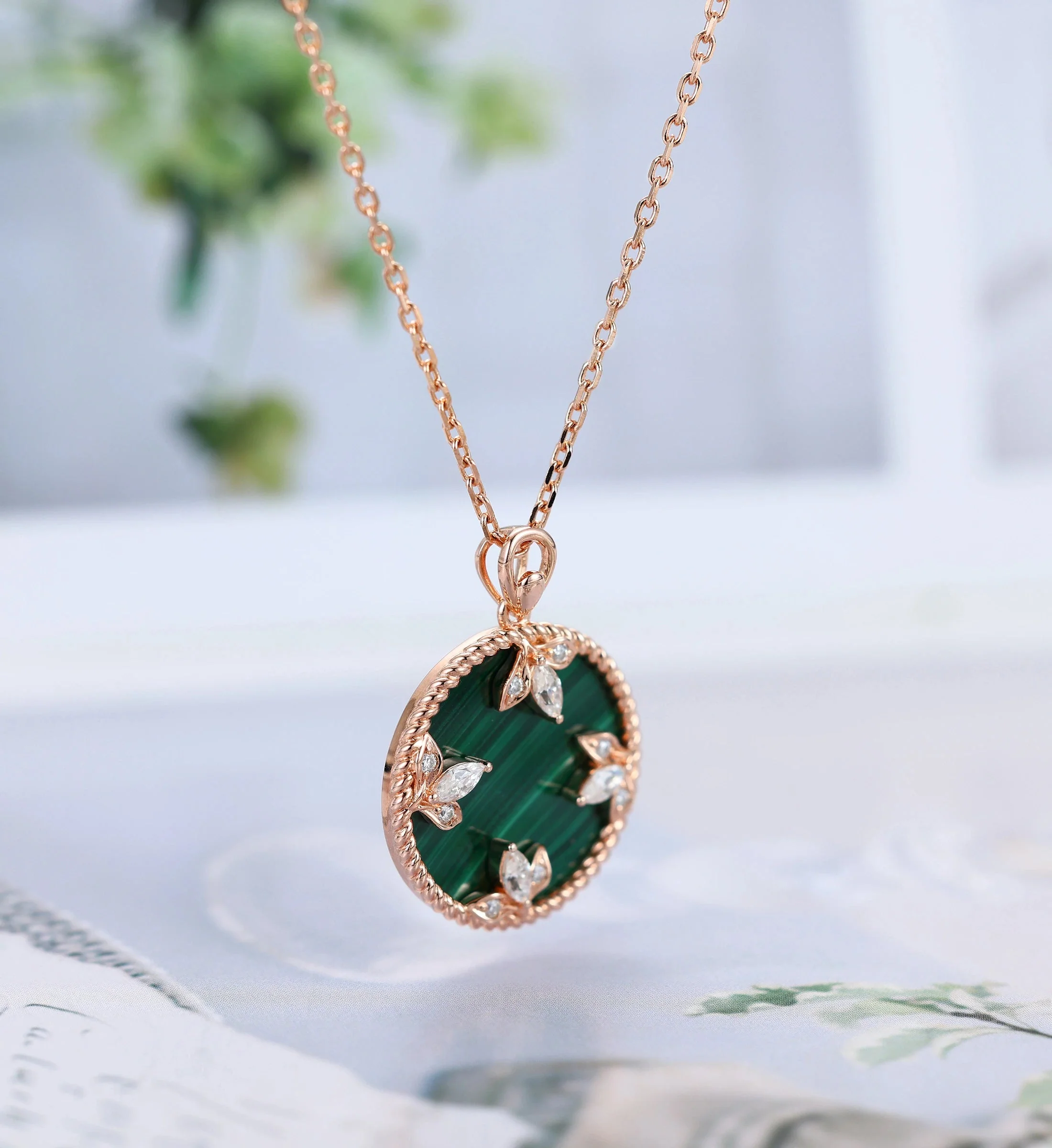 Round cut Malachite Pendant Necklace with Diamonds Halo Accents - Image 3