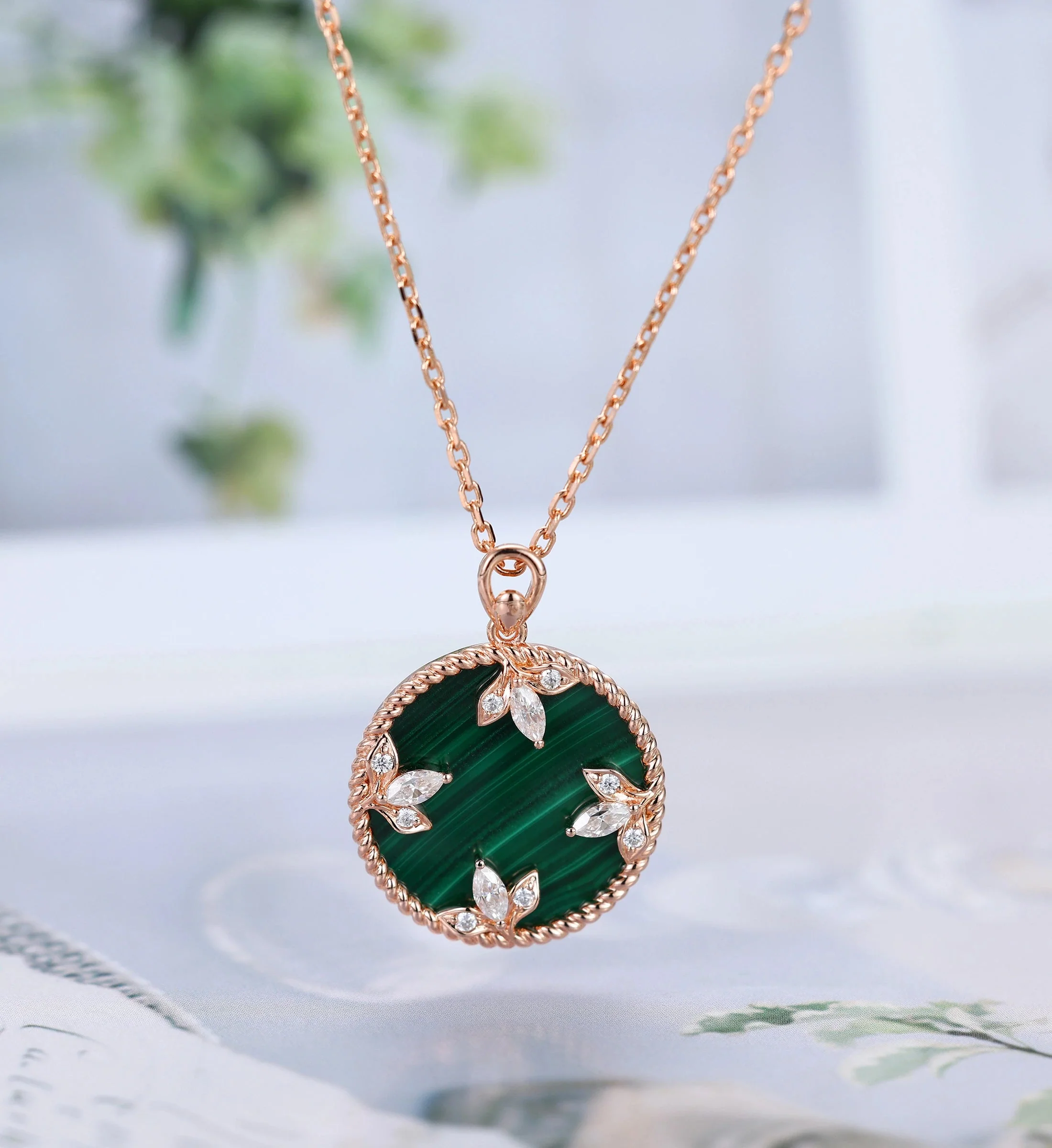 Round cut Malachite Pendant Necklace with Diamonds Halo Accents - Image 4