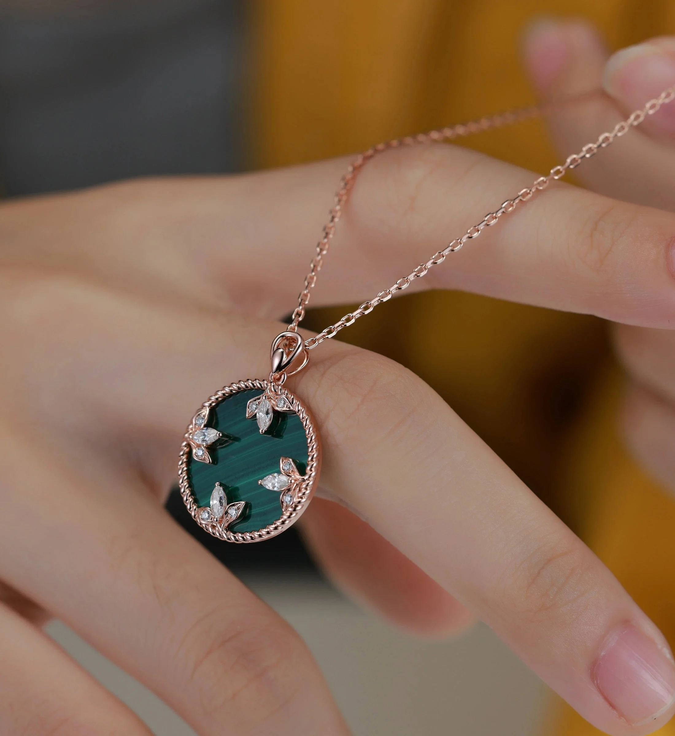 Round cut Malachite Pendant Necklace with Diamonds Halo Accents - Image 5