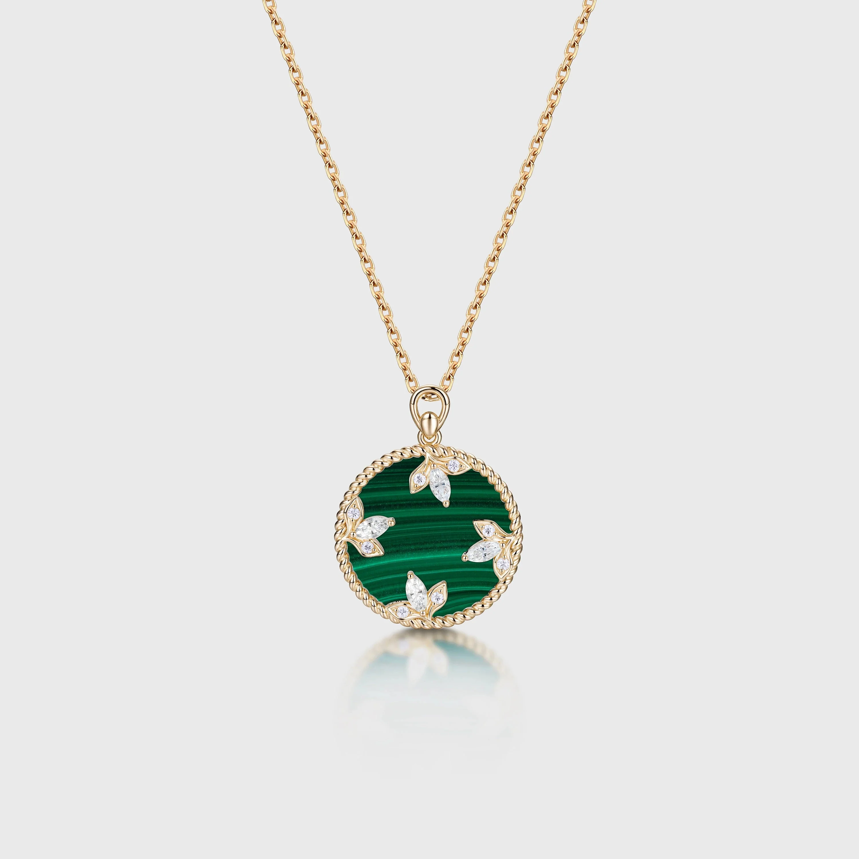 Round cut Malachite Pendant Necklace with Diamonds Halo Accents - Image 6