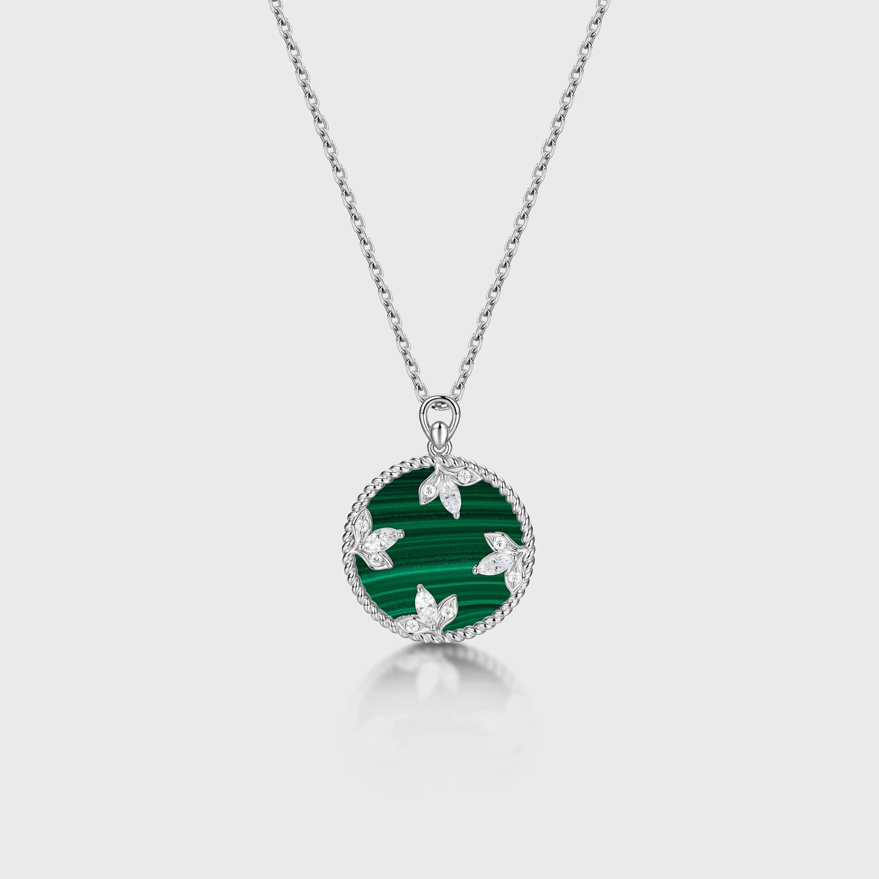 Round cut Malachite Pendant Necklace with Diamonds Halo Accents - Image 7